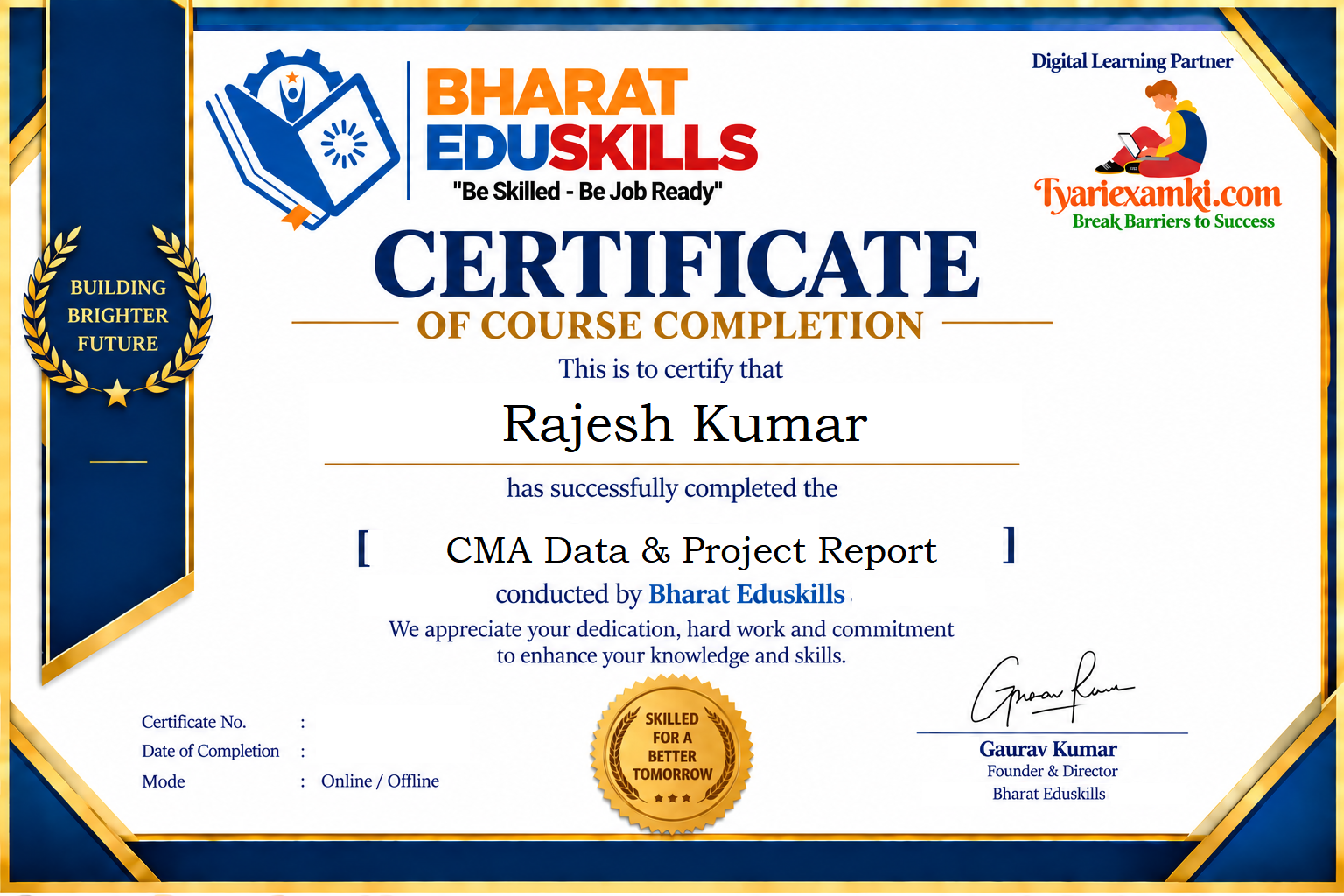 Sample Certificate of Course Completion - CMA Data & Project Report